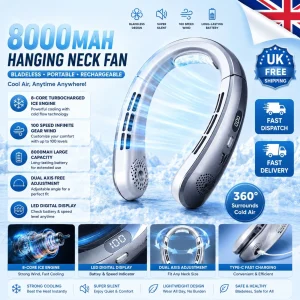 8000mAh USB Hanging Neck Fan Portable Bladeless Mini Rechargeable Mute LED Digit
